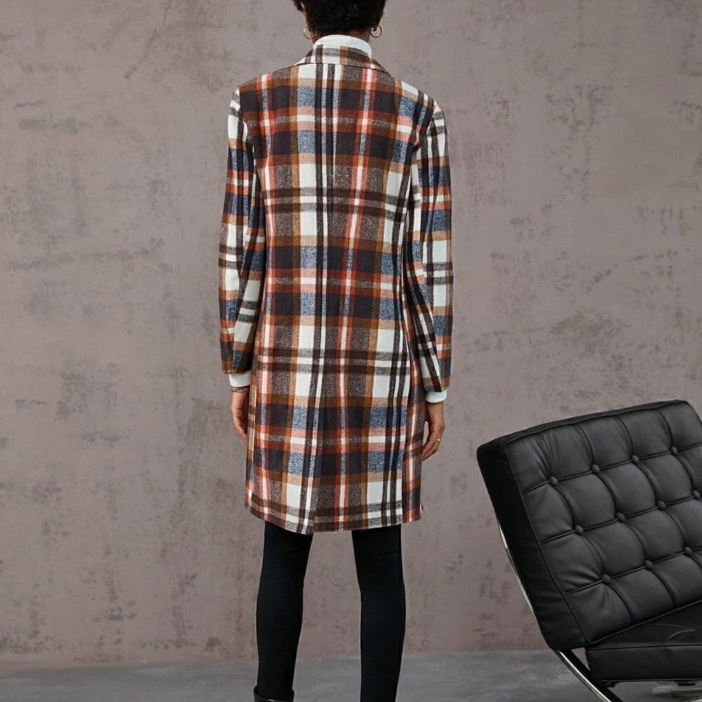 Rust Brown Casual Womens Plaid Double Breasted Overcoat - Picture 2 of 5